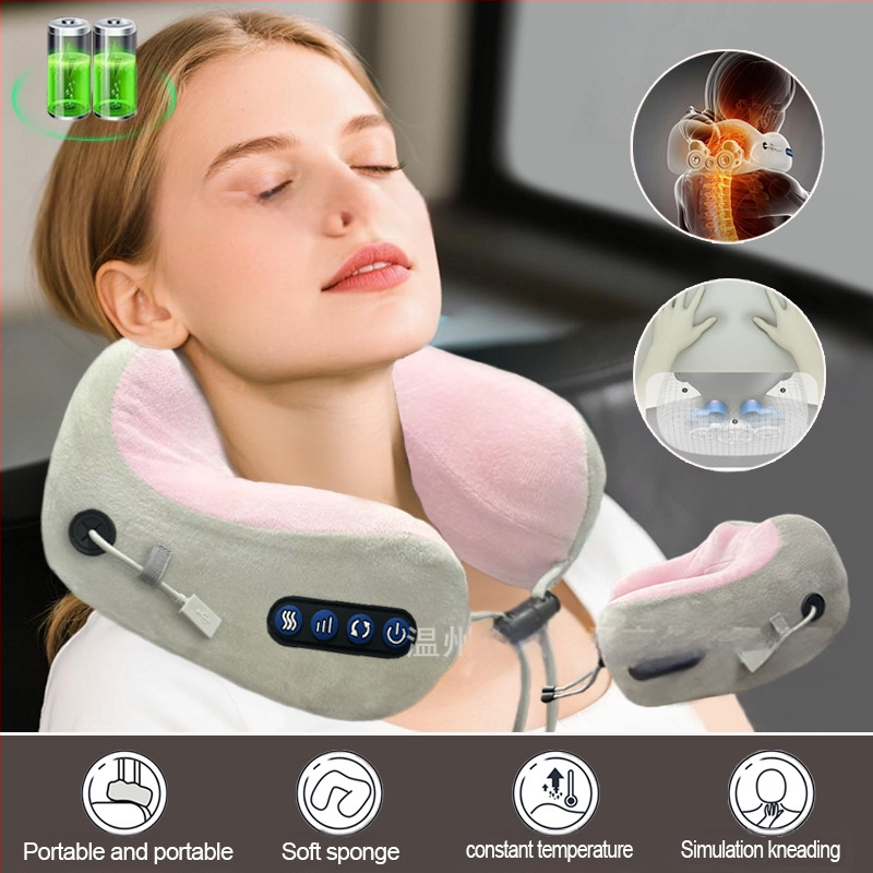 Pernă electrică de masaj în formă de U pentru gât, cu 2 capete de masaj, 3 viteze, încălzire și frământare, reîncărcabilă