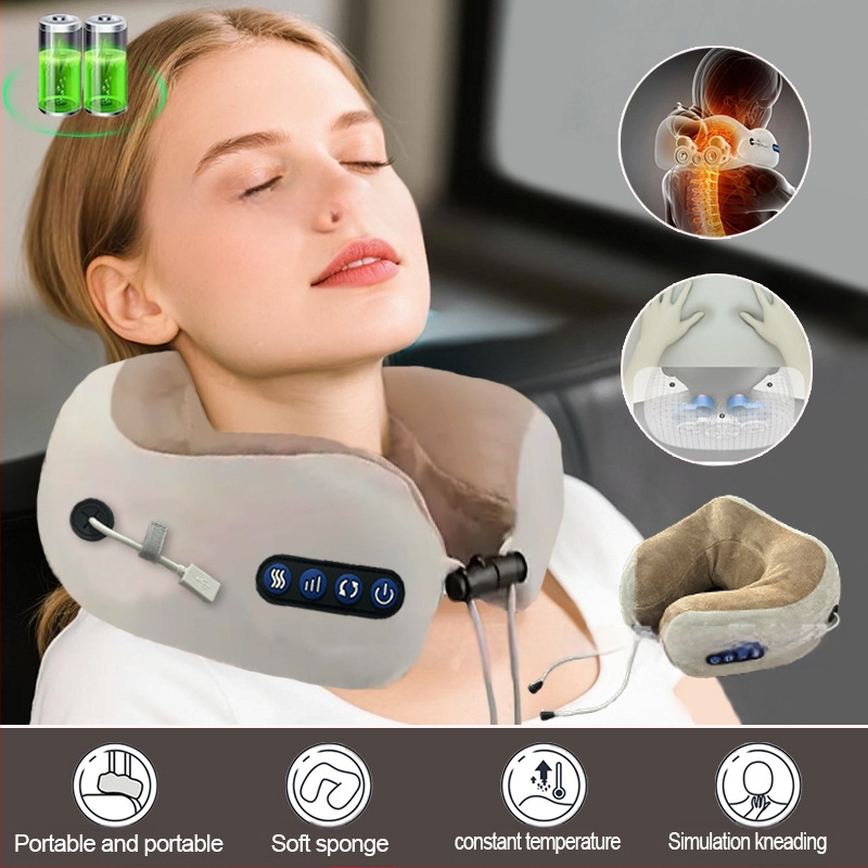 Pernă electrică de masaj în formă de U pentru gât, cu 2 capete de masaj, 3 viteze, încălzire și frământare, reîncărcabilă