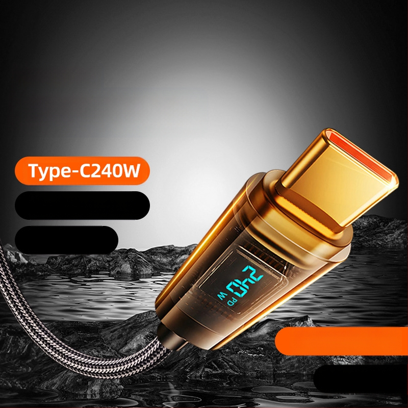 Type-C 240W καλώδιο δεδομένων με ψηφιακή οθόνη γρήγορης φόρτισης, μονό βύσμα, ύφασμα πλεκτό, για Huawei, Xiaomi και Apple κινητά και φορητούς υπολογιστές