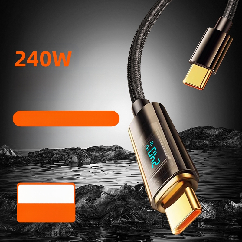 Type-C 240W καλώδιο δεδομένων με ψηφιακή οθόνη γρήγορης φόρτισης, μονό βύσμα, ύφασμα πλεκτό, για Huawei, Xiaomi και Apple κινητά και φορητούς υπολογιστές