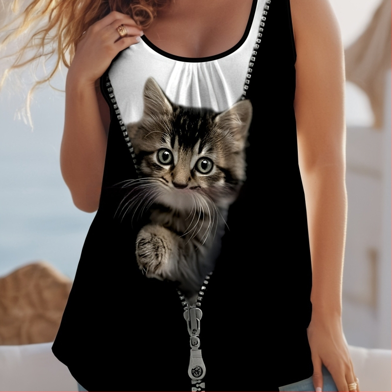 Sievietēm vasaras ikdienas tops ar apaļu kakla līniju, D Cat druka, dzīvnieku raksts, A-līnijas siluets, noņemamas plecu siksnas, PVC pamats; 95% poliesters, 5% spandeks