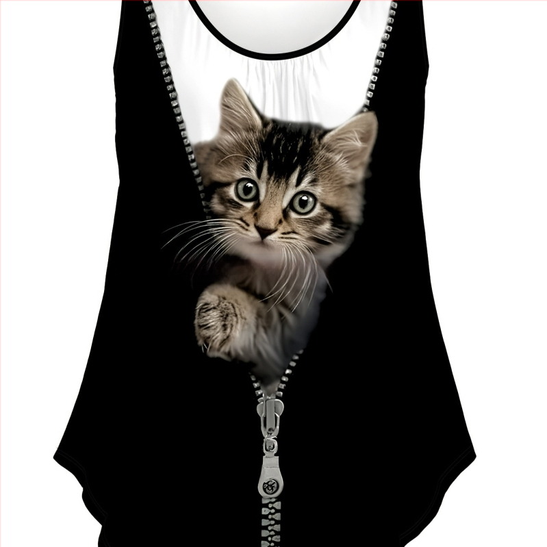 Sievietēm vasaras ikdienas tops ar apaļu kakla līniju, D Cat druka, dzīvnieku raksts, A-līnijas siluets, noņemamas plecu siksnas, PVC pamats; 95% poliesters, 5% spandeks