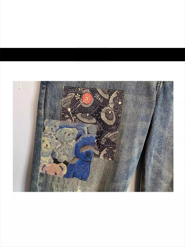 Blugi bărbați drepti, denim cu patchuri uzate, bumbac greu, talie medie, fermoar