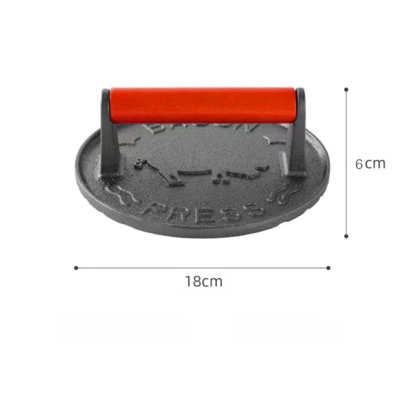 Mēsa prese no dzelzs, manuāla, ar neslīdošu virsmu, bez pārklājuma, ar koka rokturu; svars 1 kg, dziļums 1 cm, forma kvadrāts vai aplis