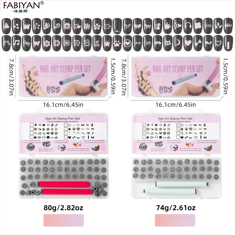 Set de ștampilare unghii cu 48 capete din silicon înlocuibile — Motive fluture și floare; Material plastice; Greutate netă 75–80 g