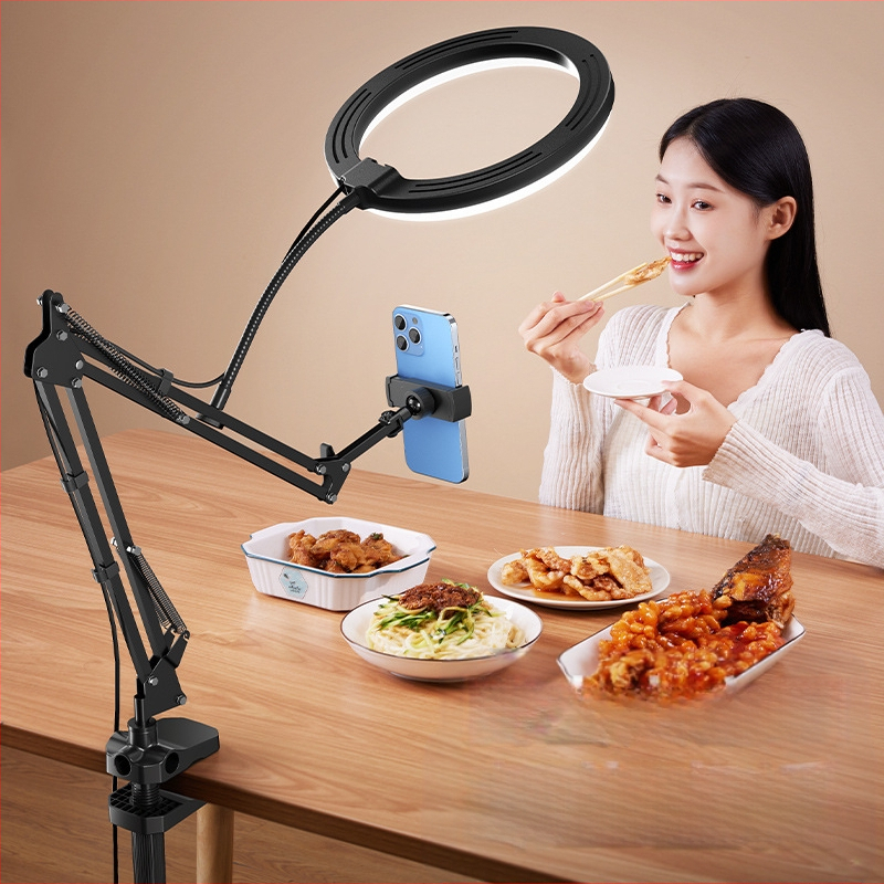 Tālruņa statīvs ar LED apgaismojumu pārredzamam uz galda — tiešraide un videoieraksts par ēdienu un juvelierizstrādēm; universāls mobilajiem tālruņiem; modelis F1a; alumīnija sakausējums