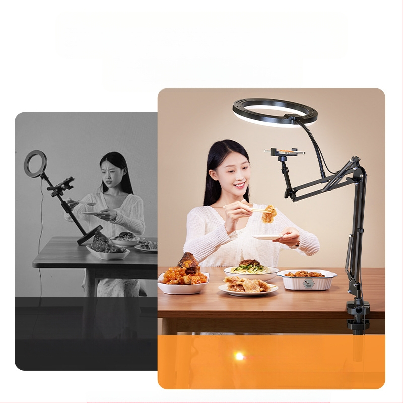 Tālruņa statīvs ar LED apgaismojumu pārredzamam uz galda — tiešraide un videoieraksts par ēdienu un juvelierizstrādēm; universāls mobilajiem tālruņiem; modelis F1a; alumīnija sakausējums