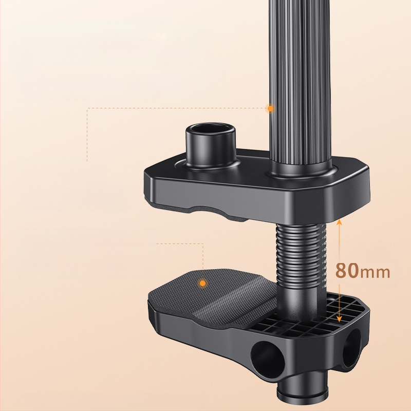 Tālruņa statīvs ar LED apgaismojumu pārredzamam uz galda — tiešraide un videoieraksts par ēdienu un juvelierizstrādēm; universāls mobilajiem tālruņiem; modelis F1a; alumīnija sakausējums