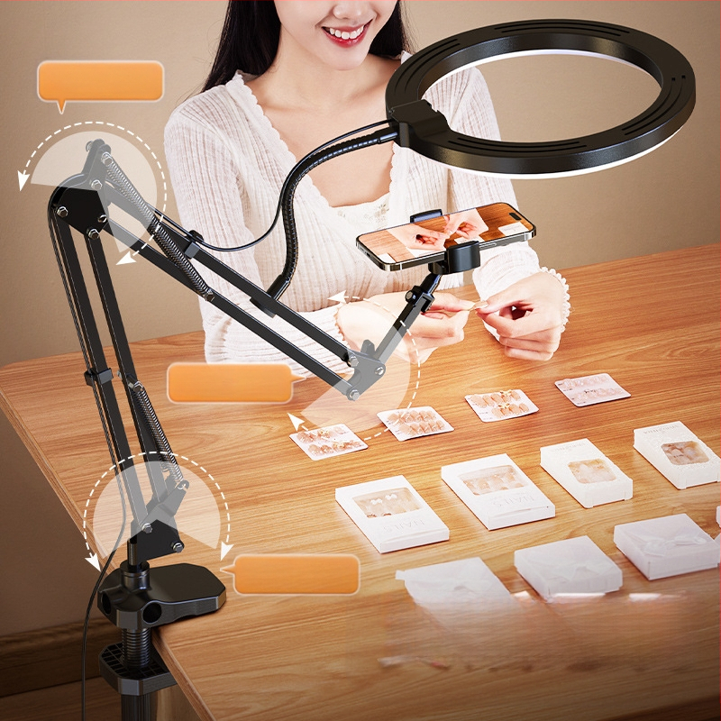 Tālruņa statīvs ar LED apgaismojumu pārredzamam uz galda — tiešraide un videoieraksts par ēdienu un juvelierizstrādēm; universāls mobilajiem tālruņiem; modelis F1a; alumīnija sakausējums