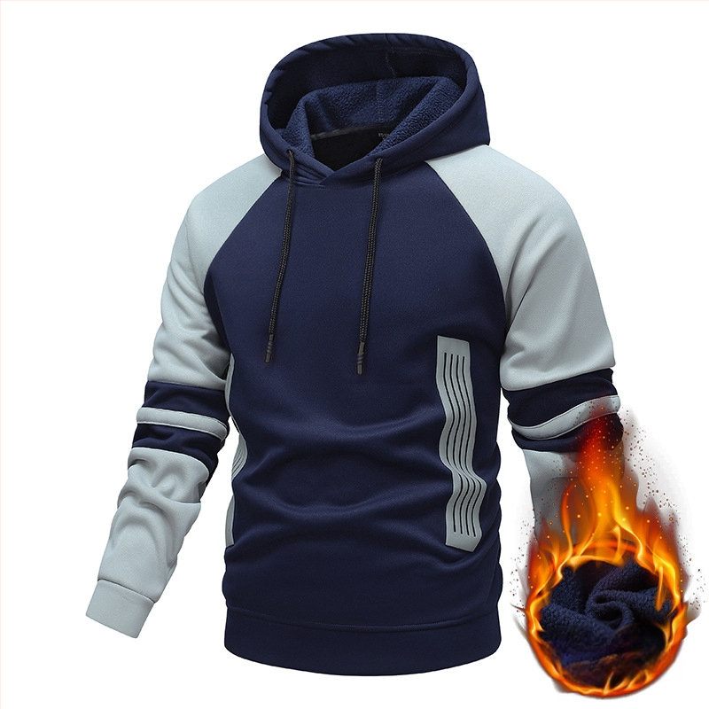 Vyriskas megztinis su gobtuvu, spalvų blokai ir dryžiai, užtrauktukas, laisvas kirpimas, ilgomis rankovėmis