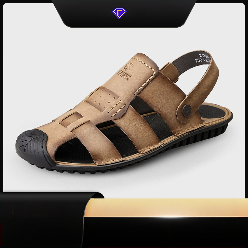 Vyriški sandalai — viršus iš aukštos kokybės karvės odos, apvalus pirštas, be raištelių, kvėpuojantys, anti-slip gumos padas