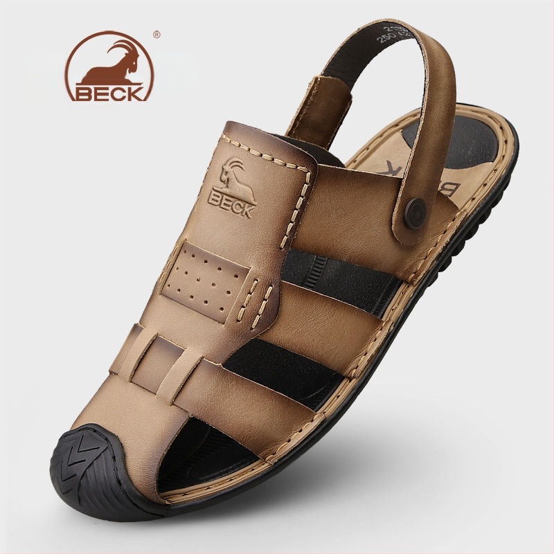 Vyriški sandalai — viršus iš aukštos kokybės karvės odos, apvalus pirštas, be raištelių, kvėpuojantys, anti-slip gumos padas
