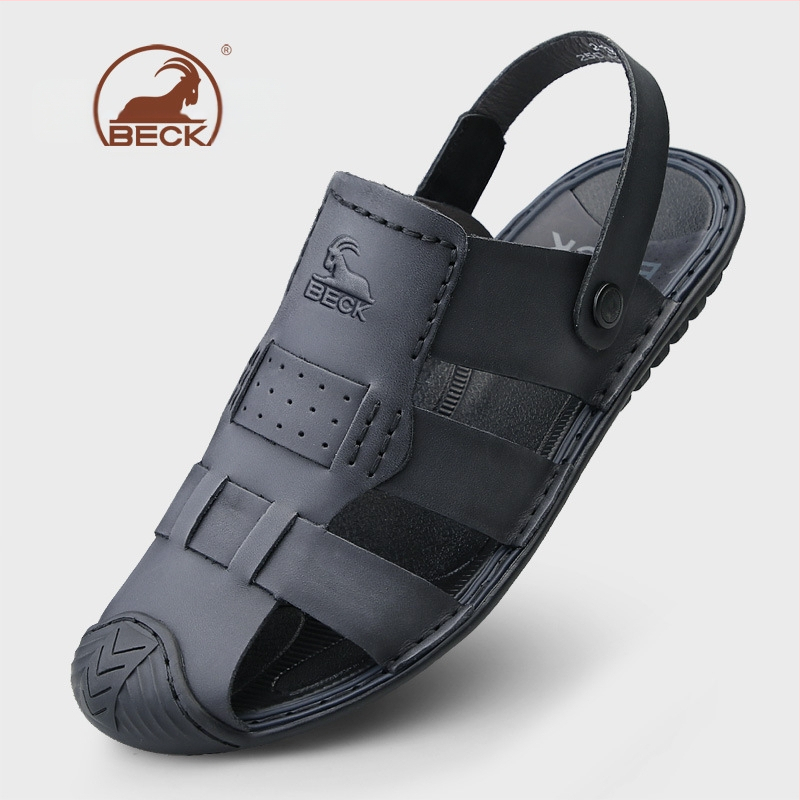Vyriški sandalai — viršus iš aukštos kokybės karvės odos, apvalus pirštas, be raištelių, kvėpuojantys, anti-slip gumos padas