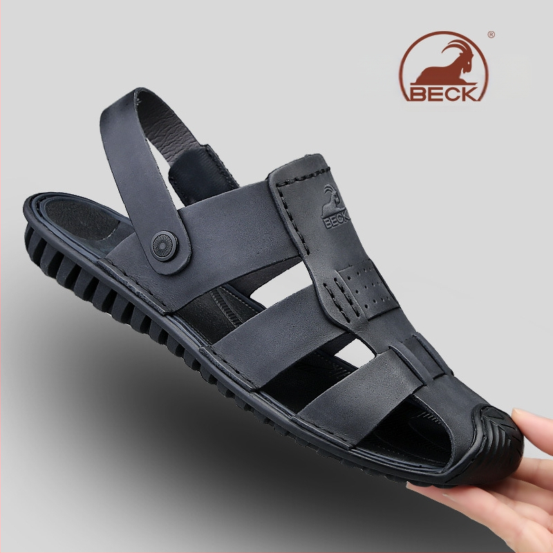 Vyriški sandalai — viršus iš aukštos kokybės karvės odos, apvalus pirštas, be raištelių, kvėpuojantys, anti-slip gumos padas