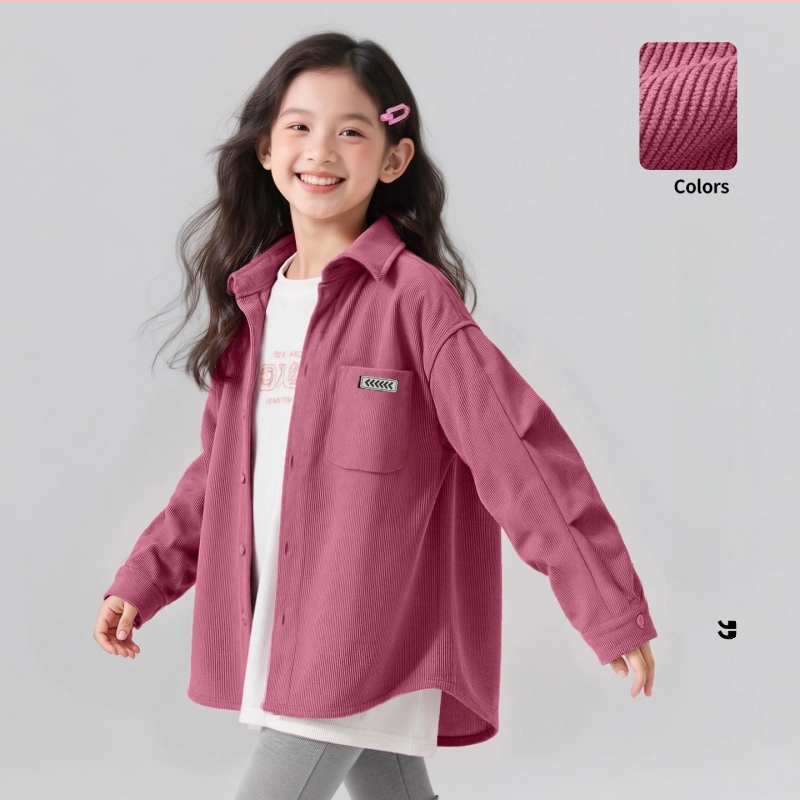 Cămașă pentru fete din corduroy, mâneci lungi, guler Turn-down, țesătură de poliester, stil coreean, primăvară-toamnă