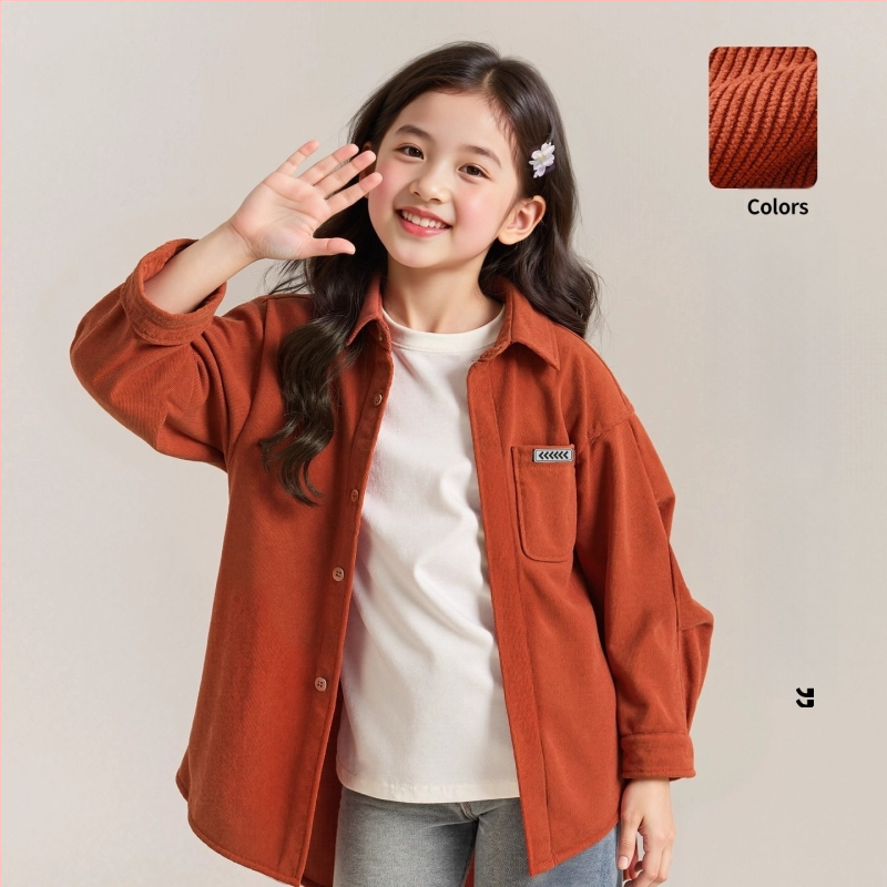 Cămașă pentru fete din corduroy, mâneci lungi, guler Turn-down, țesătură de poliester, stil coreean, primăvară-toamnă