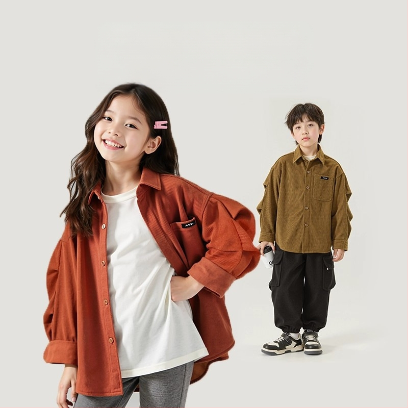 Cămașă pentru fete din corduroy, mâneci lungi, guler Turn-down, țesătură de poliester, stil coreean, primăvară-toamnă