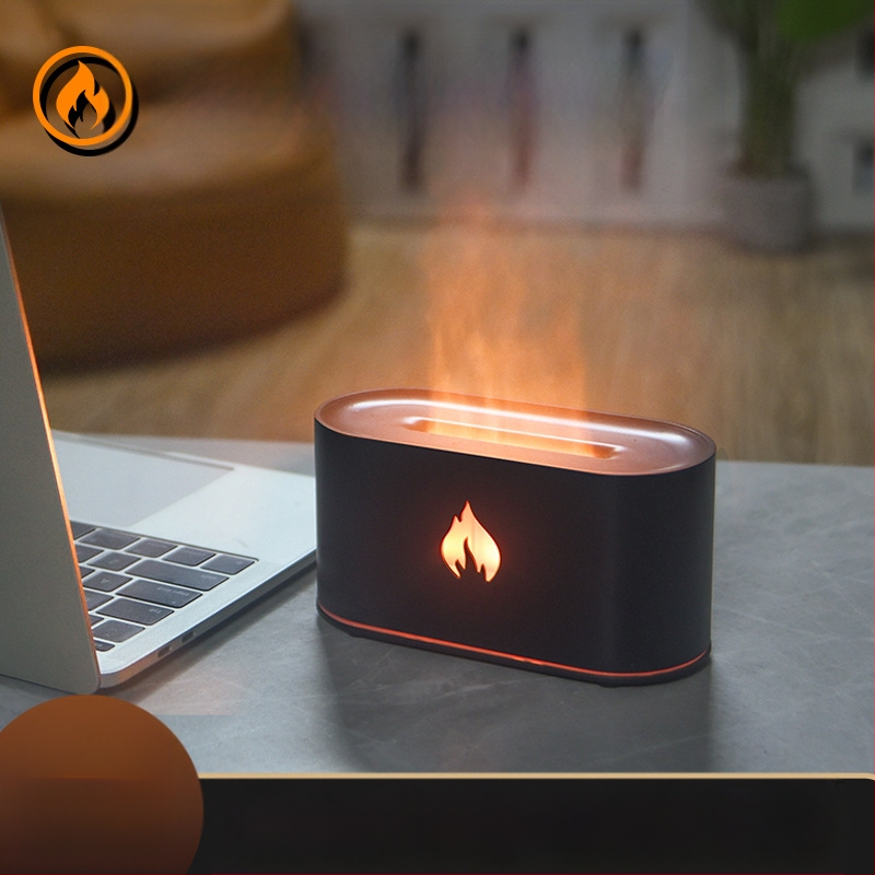 Septiņu krāsu liesmas aromaterapijas difuzors un mitrinātājs, USB darbam pie galda, ultraskaņas tehnoloģija, ūdens tvertne 1.0–2.5 L, pārklājums 21–30 m²