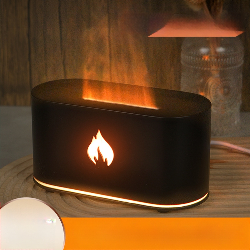 Septiņu krāsu liesmas aromaterapijas difuzors un mitrinātājs, USB darbam pie galda, ultraskaņas tehnoloģija, ūdens tvertne 1.0–2.5 L, pārklājums 21–30 m²