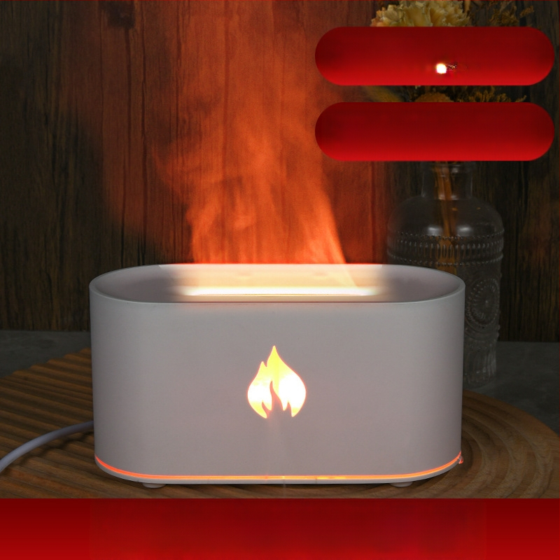 Septiņu krāsu liesmas aromaterapijas difuzors un mitrinātājs, USB darbam pie galda, ultraskaņas tehnoloģija, ūdens tvertne 1.0–2.5 L, pārklājums 21–30 m²