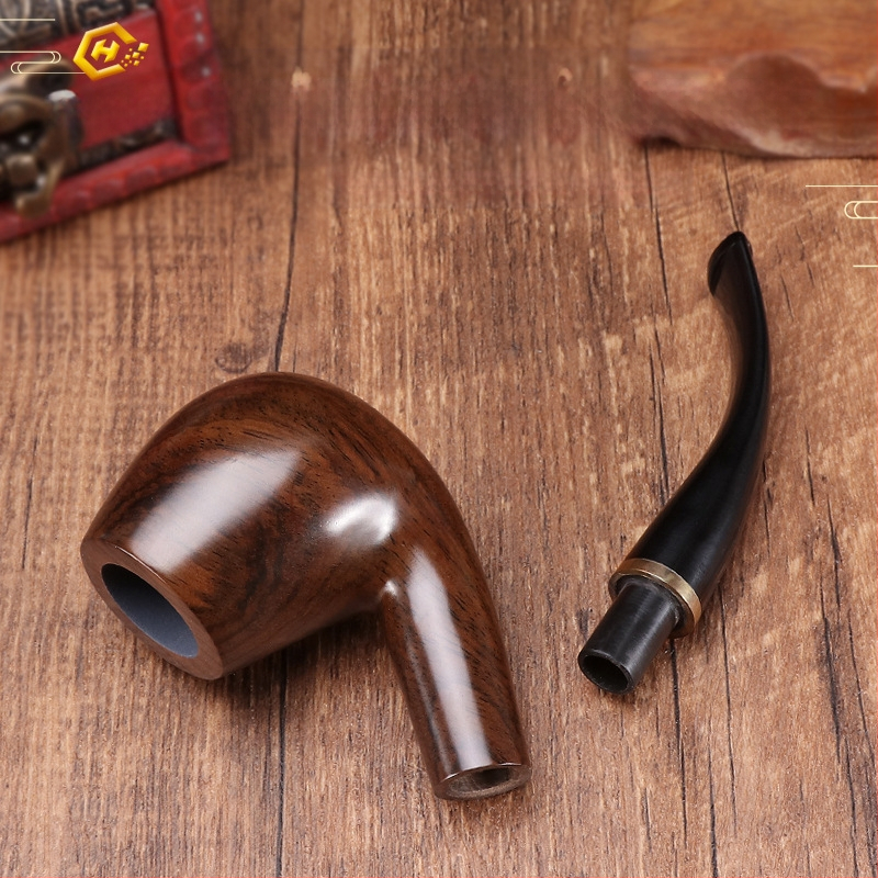 Rokā darināta melnā koka pīpe ar izliektu muti, zīmols Canglan, kods Ebony 508 – koka raksts