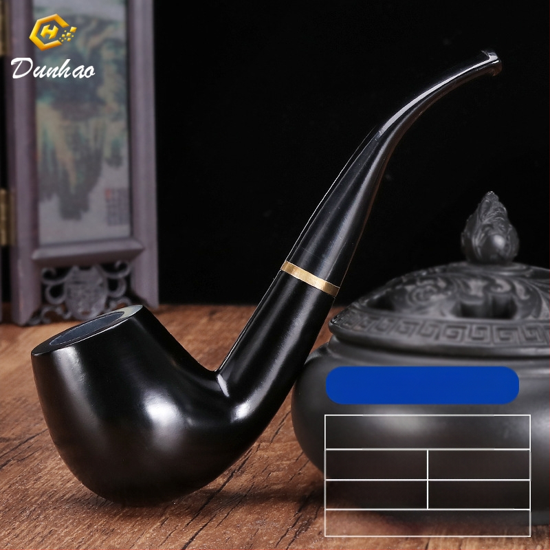 Rokā darināta melnā koka pīpe ar izliektu muti, zīmols Canglan, kods Ebony 508 – koka raksts