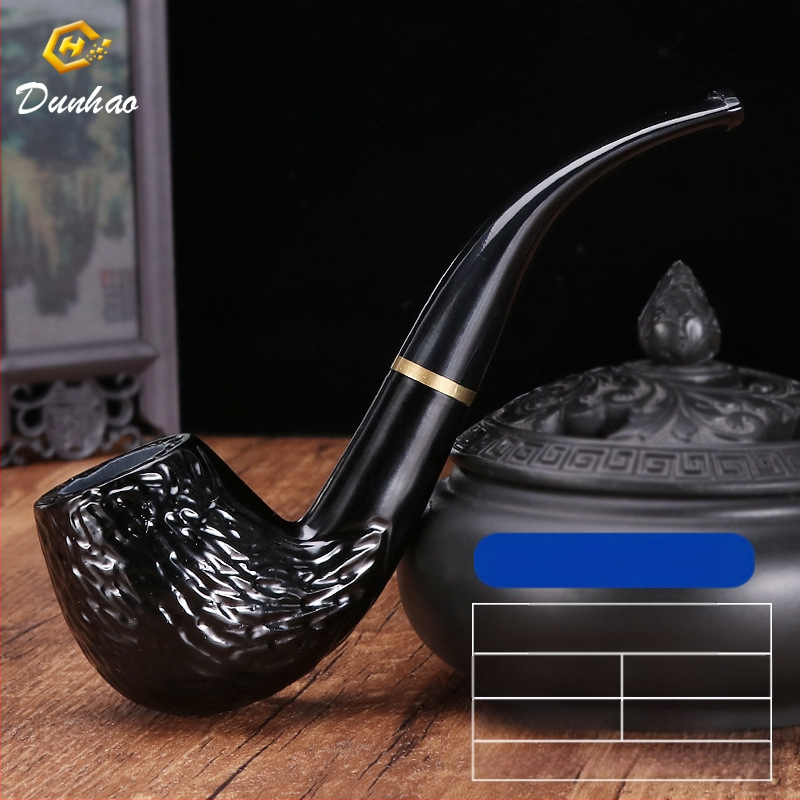 Rokā darināta melnā koka pīpe ar izliektu muti, zīmols Canglan, kods Ebony 508 – koka raksts