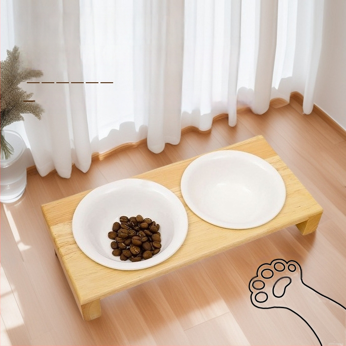 Fából készült tálállvány macskáknak és kutyáknak, univerzális etetőállvány, anti-tipp funkció, nyaki magasság növelő dizájn