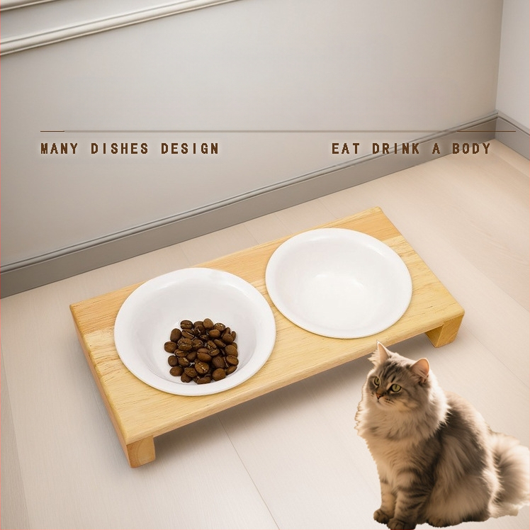 Fából készült tálállvány macskáknak és kutyáknak, univerzális etetőállvány, anti-tipp funkció, nyaki magasság növelő dizájn