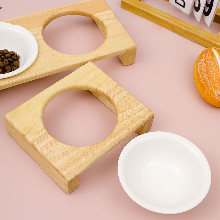 Fából készült tálállvány macskáknak és kutyáknak, univerzális etetőállvány, anti-tipp funkció, nyaki magasság növelő dizájn