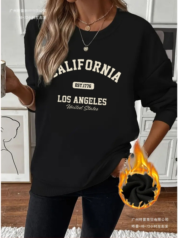 Moteriški Kalifornijos motyvo flisinis džemperis, užsakytas modelis, laisvas siluetas, apvalus kaklo iškirptė, poliesteris