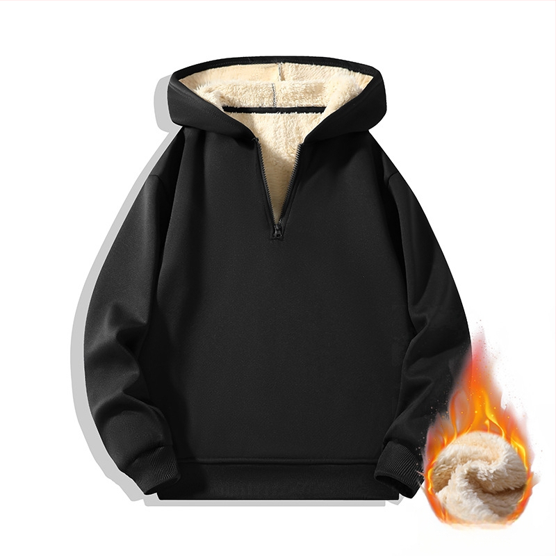 Vyrinis džemperis su gobtuvu ir pusės užtrauktuku, vidinis flisas pamušalas, ilgomis rankovėmis, vienos spalvos, japonų retro stilius