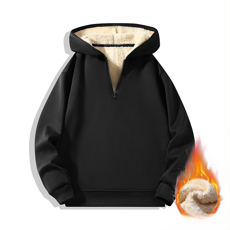 Vyrinis džemperis su gobtuvu ir pusės užtrauktuku, vidinis flisas pamušalas, ilgomis rankovėmis, vienos spalvos, japonų retro stilius