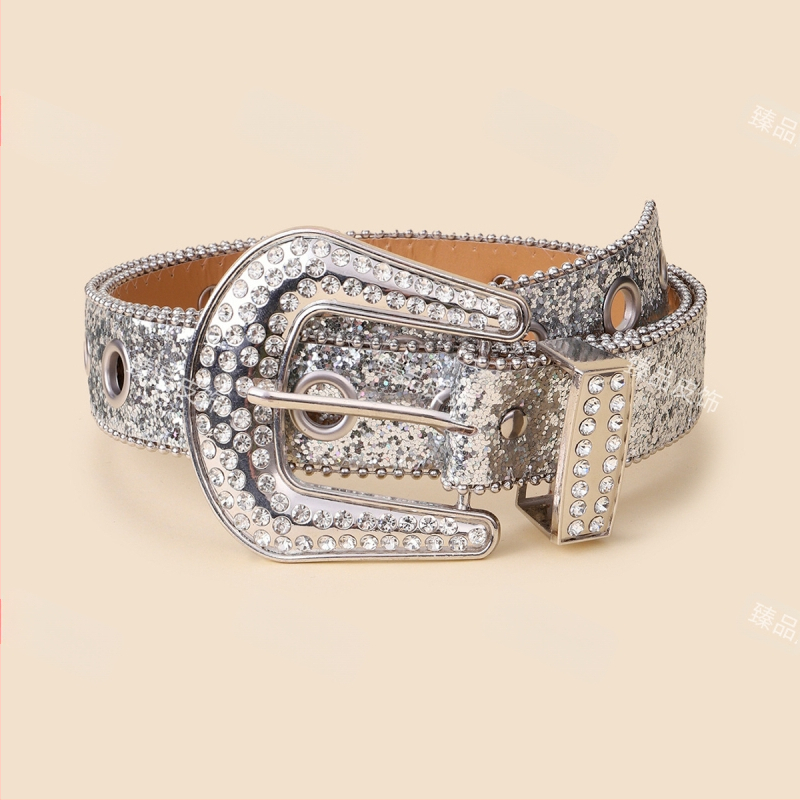 Moterų juosmens diržas su kristalais, PU oda, sagtis su smeigtuku, plotis 2-4 cm, INS stilius