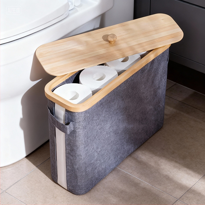 Coș de depozitare pentru role de șervețele, cu capac — Material: Nanzhu Bamboo + Oxford Cloth, pliabil, 24L