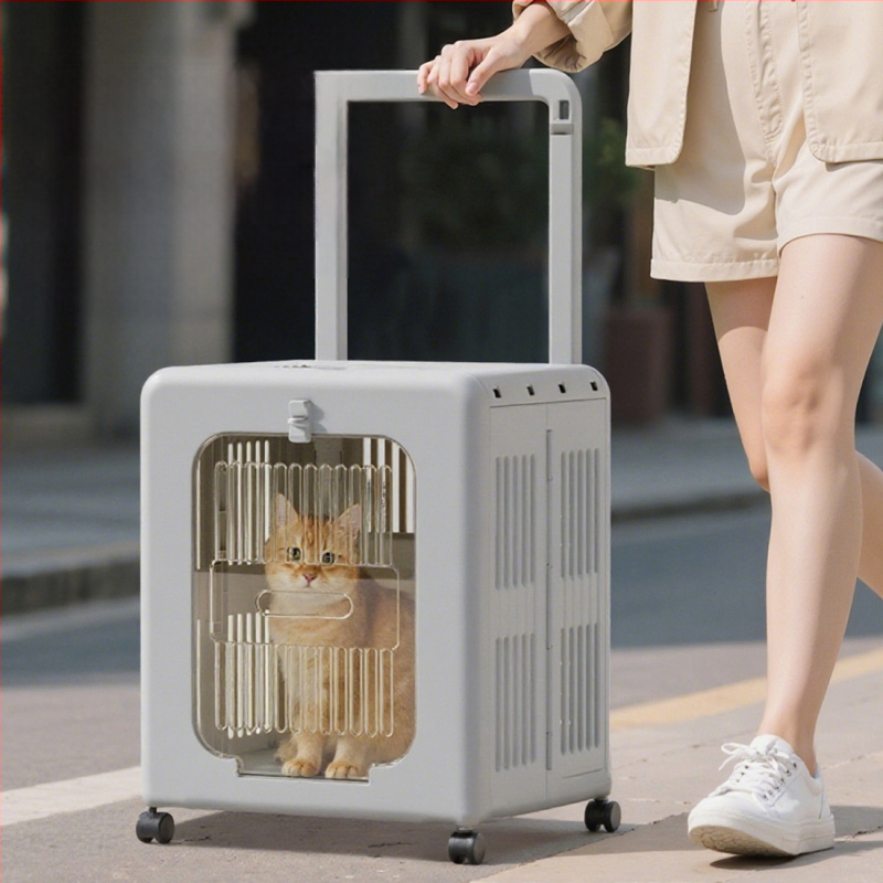 Mājdzīvnieku pārvadāšanas soma ar riteņiem, ventilēta cieta kaste kaķiem un suņiem, 50 L, plastmasa