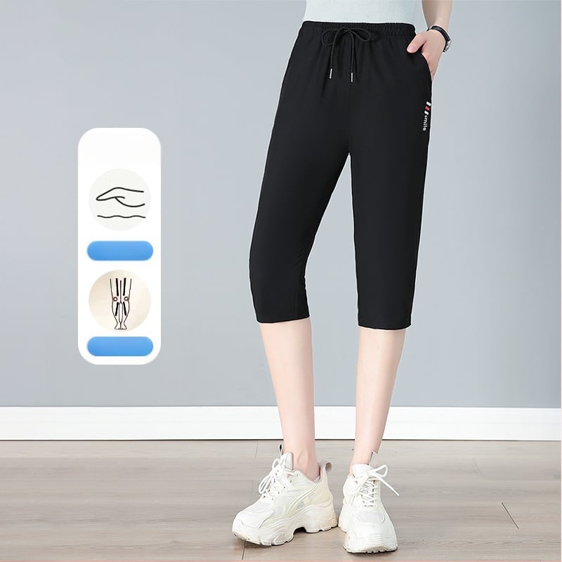 Sieviešu kapri bikses ar augstu jostu un taisu griezumu, viegla poliestera auduma (95%+), ikdienas/fitness stils