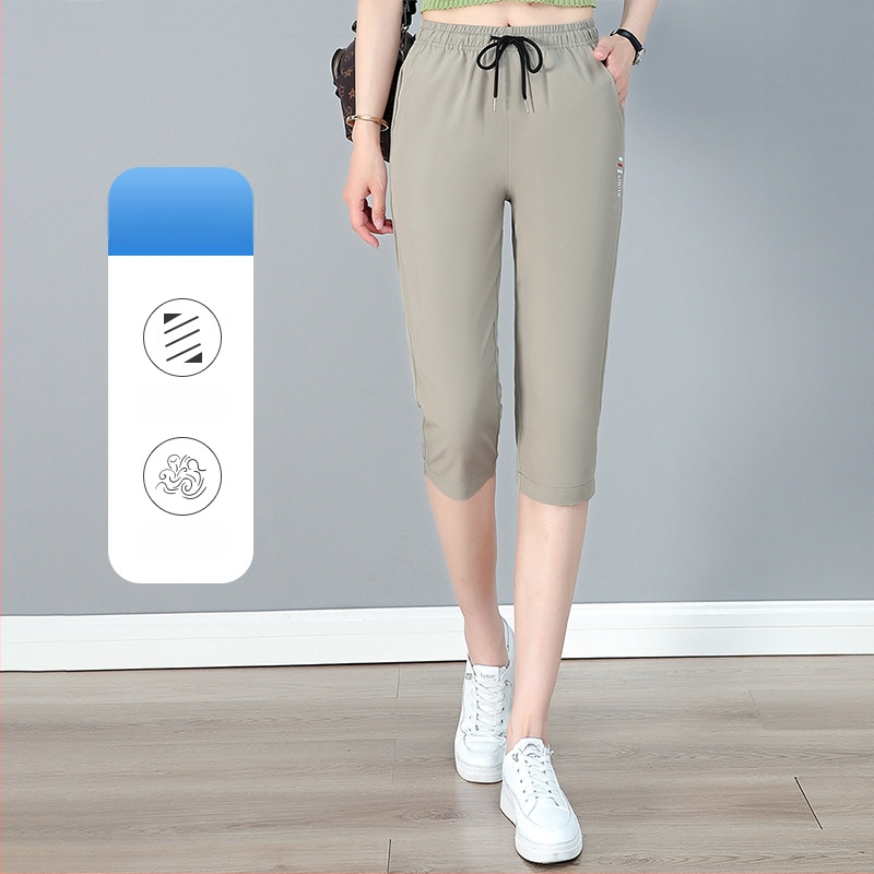 Sieviešu kapri bikses ar augstu jostu un taisu griezumu, viegla poliestera auduma (95%+), ikdienas/fitness stils