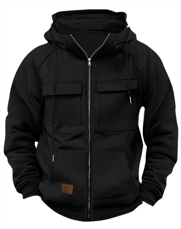 Hoodie su daug kišenių ir užtrauktuku, 250 g poliesterio audinys, flisu vidus, laisvas kirpimas, rudens–žiemos 2025