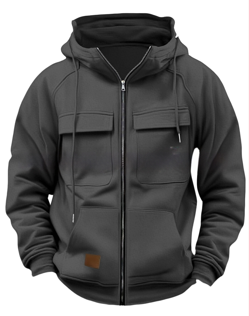 Hoodie su daug kišenių ir užtrauktuku, 250 g poliesterio audinys, flisu vidus, laisvas kirpimas, rudens–žiemos 2025