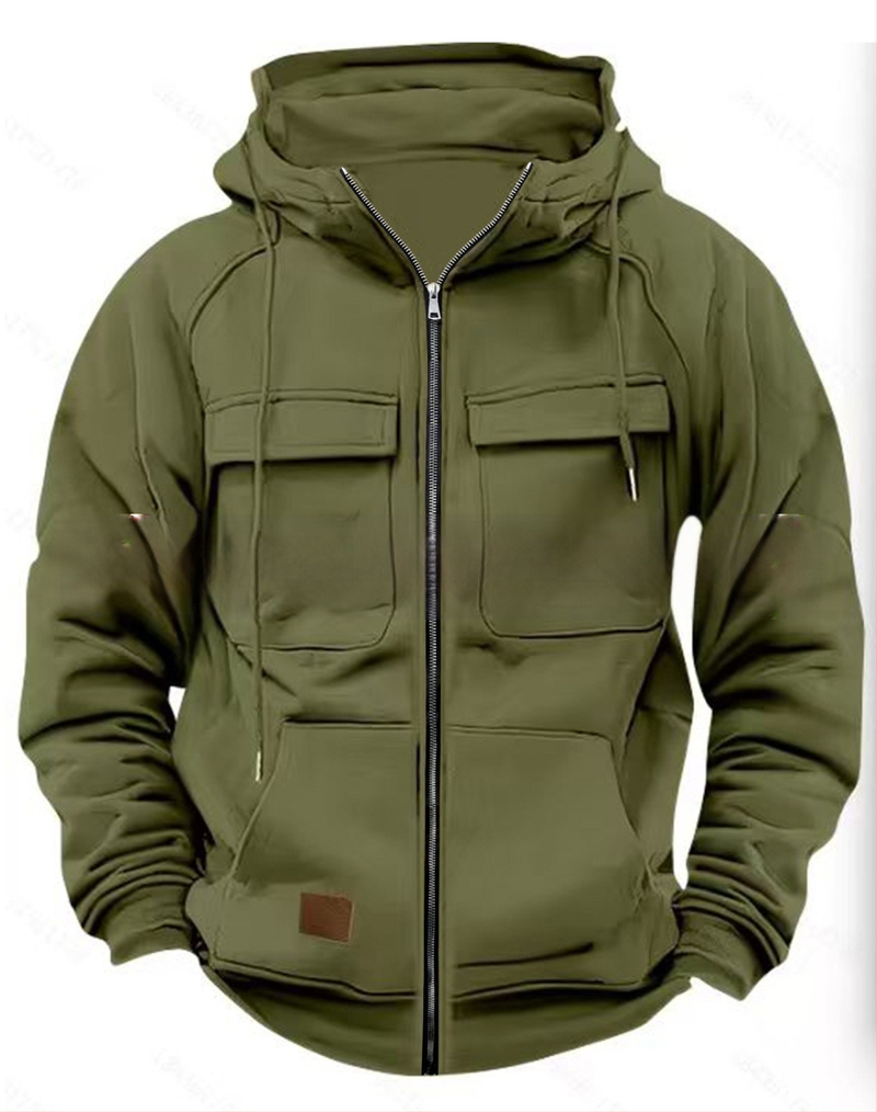 Hoodie su daug kišenių ir užtrauktuku, 250 g poliesterio audinys, flisu vidus, laisvas kirpimas, rudens–žiemos 2025