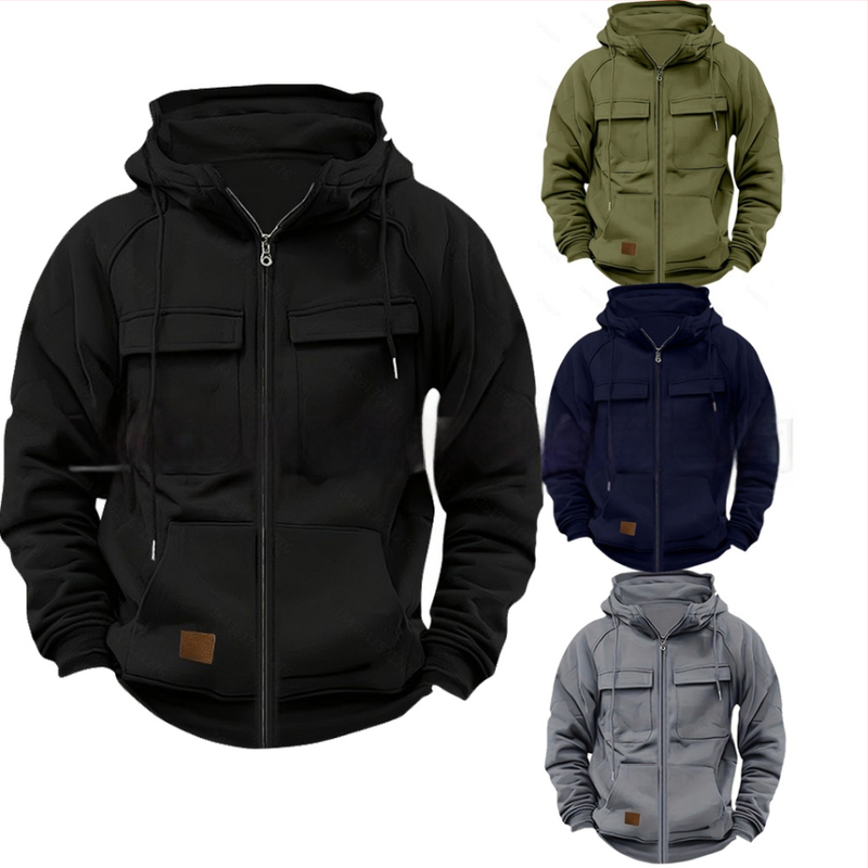 Hoodie su daug kišenių ir užtrauktuku, 250 g poliesterio audinys, flisu vidus, laisvas kirpimas, rudens–žiemos 2025