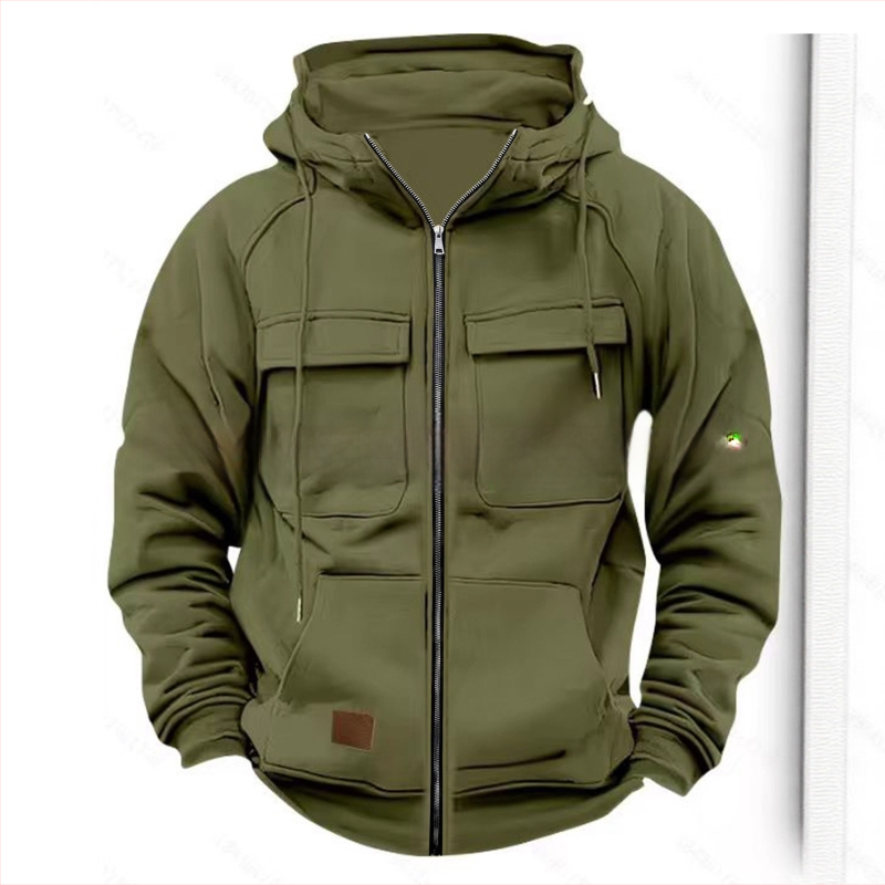 Hoodie su daug kišenių ir užtrauktuku, 250 g poliesterio audinys, flisu vidus, laisvas kirpimas, rudens–žiemos 2025