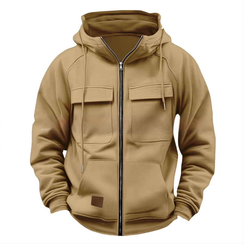 Hoodie su daug kišenių ir užtrauktuku, 250 g poliesterio audinys, flisu vidus, laisvas kirpimas, rudens–žiemos 2025