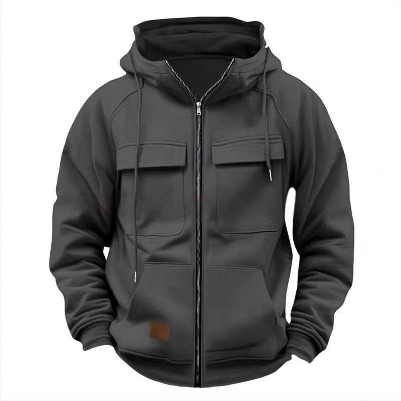 Hoodie su daug kišenių ir užtrauktuku, 250 g poliesterio audinys, flisu vidus, laisvas kirpimas, rudens–žiemos 2025