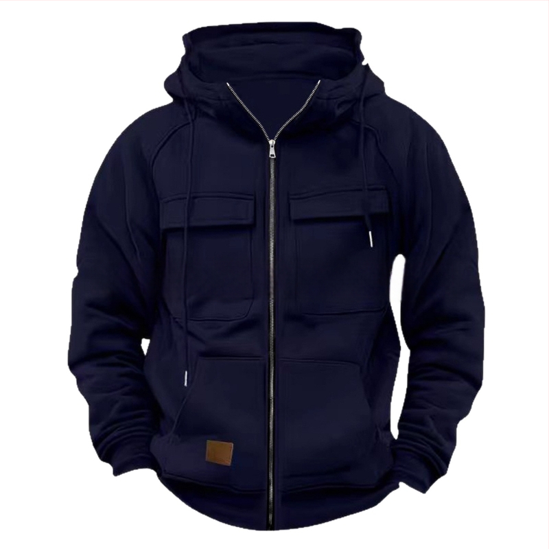 Hoodie su daug kišenių ir užtrauktuku, 250 g poliesterio audinys, flisu vidus, laisvas kirpimas, rudens–žiemos 2025