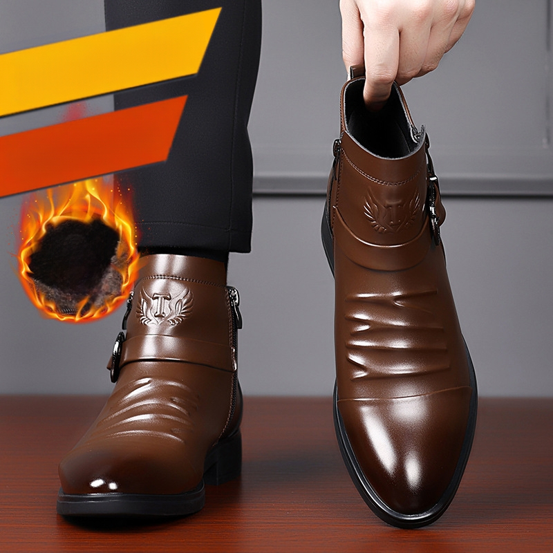 Férfi bőr Chelsea csizma, középmagas szár, kerek orrú, vízálló, gumírozott talp