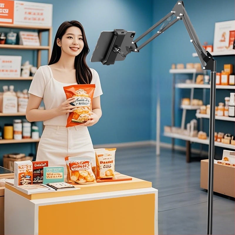 Grīdas statīvs mobilo tālruņu un planšetdatoru turēšanai ar teleskopisku roku, alumīnija sakausējuma konstrukcija, piemērots straumēšanai pie gultas