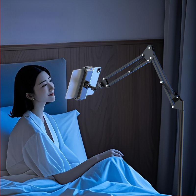 Grīdas statīvs mobilo tālruņu un planšetdatoru turēšanai ar teleskopisku roku, alumīnija sakausējuma konstrukcija, piemērots straumēšanai pie gultas