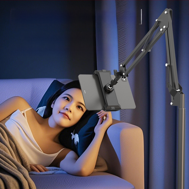 Grīdas statīvs mobilo tālruņu un planšetdatoru turēšanai ar teleskopisku roku, alumīnija sakausējuma konstrukcija, piemērots straumēšanai pie gultas